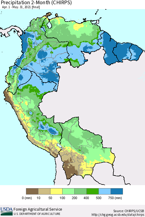 Northern South America Precipitation 2-Month (CHIRPS) Thematic Map For 4/1/2021 - 5/31/2021