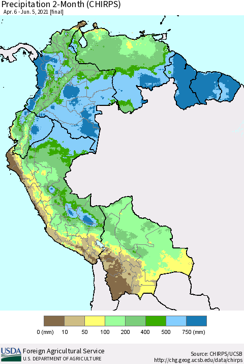 Northern South America Precipitation 2-Month (CHIRPS) Thematic Map For 4/6/2021 - 6/5/2021