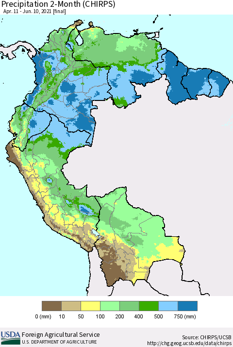 Northern South America Precipitation 2-Month (CHIRPS) Thematic Map For 4/11/2021 - 6/10/2021