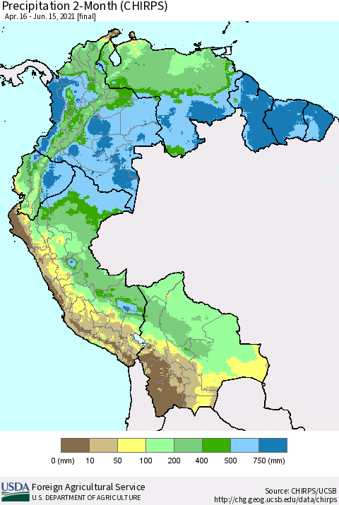 Northern South America Precipitation 2-Month (CHIRPS) Thematic Map For 4/16/2021 - 6/15/2021