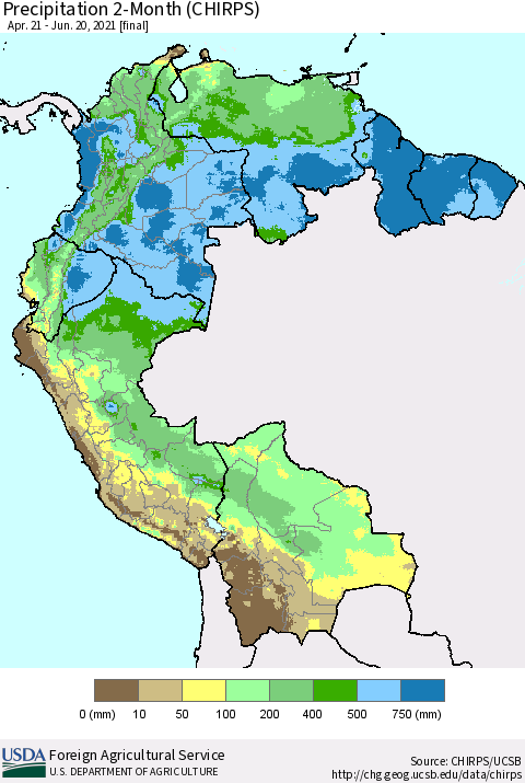 Northern South America Precipitation 2-Month (CHIRPS) Thematic Map For 4/21/2021 - 6/20/2021
