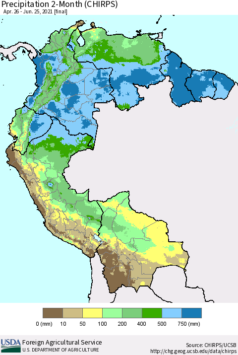 Northern South America Precipitation 2-Month (CHIRPS) Thematic Map For 4/26/2021 - 6/25/2021