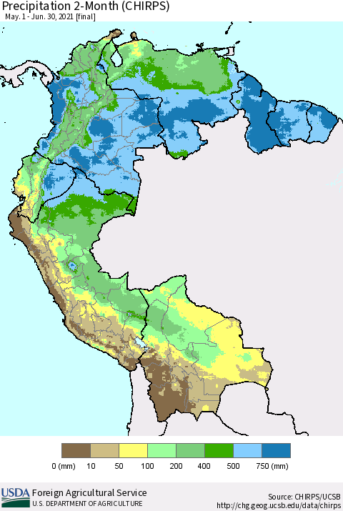 Northern South America Precipitation 2-Month (CHIRPS) Thematic Map For 5/1/2021 - 6/30/2021