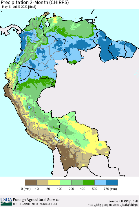 Northern South America Precipitation 2-Month (CHIRPS) Thematic Map For 5/6/2021 - 7/5/2021