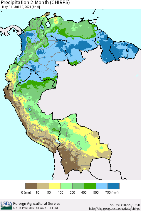 Northern South America Precipitation 2-Month (CHIRPS) Thematic Map For 5/11/2021 - 7/10/2021