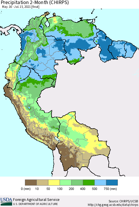 Northern South America Precipitation 2-Month (CHIRPS) Thematic Map For 5/16/2021 - 7/15/2021
