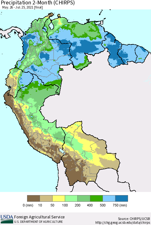 Northern South America Precipitation 2-Month (CHIRPS) Thematic Map For 5/26/2021 - 7/25/2021