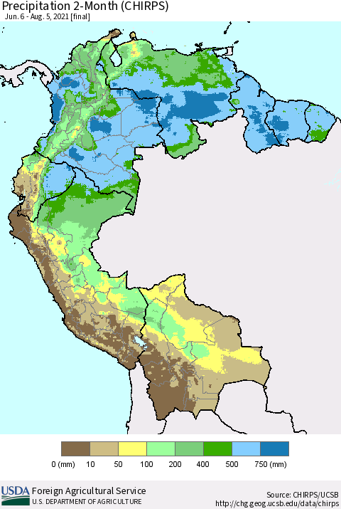 Northern South America Precipitation 2-Month (CHIRPS) Thematic Map For 6/6/2021 - 8/5/2021