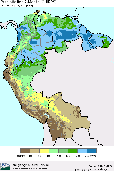 Northern South America Precipitation 2-Month (CHIRPS) Thematic Map For 6/16/2021 - 8/15/2021