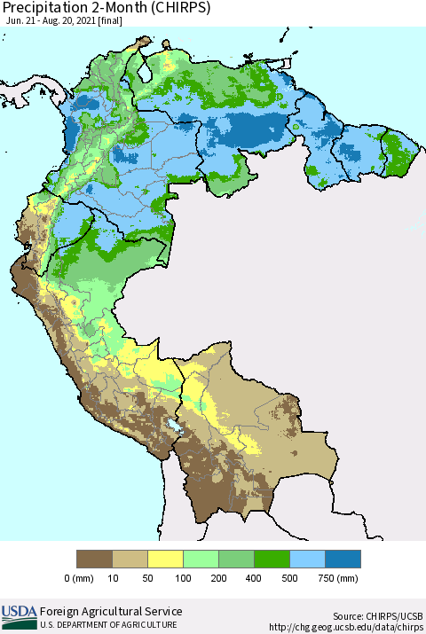 Northern South America Precipitation 2-Month (CHIRPS) Thematic Map For 6/21/2021 - 8/20/2021