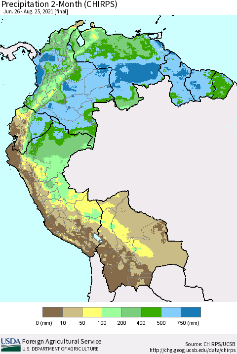 Northern South America Precipitation 2-Month (CHIRPS) Thematic Map For 6/26/2021 - 8/25/2021