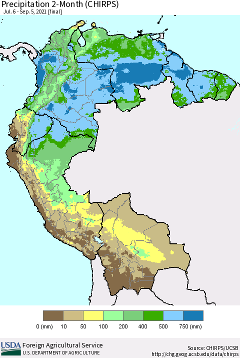 Northern South America Precipitation 2-Month (CHIRPS) Thematic Map For 7/6/2021 - 9/5/2021