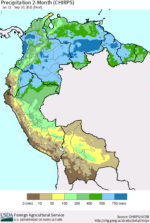 Northern South America Precipitation 2-Month (CHIRPS) Thematic Map For 7/11/2021 - 9/10/2021