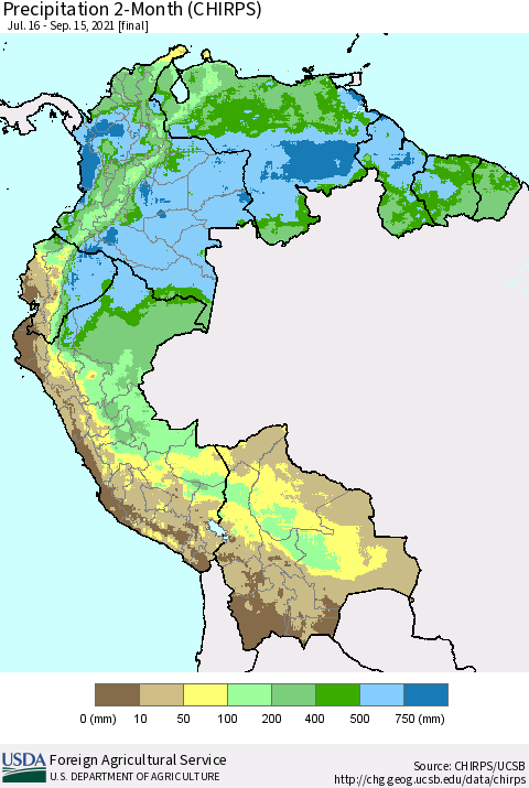 Northern South America Precipitation 2-Month (CHIRPS) Thematic Map For 7/16/2021 - 9/15/2021