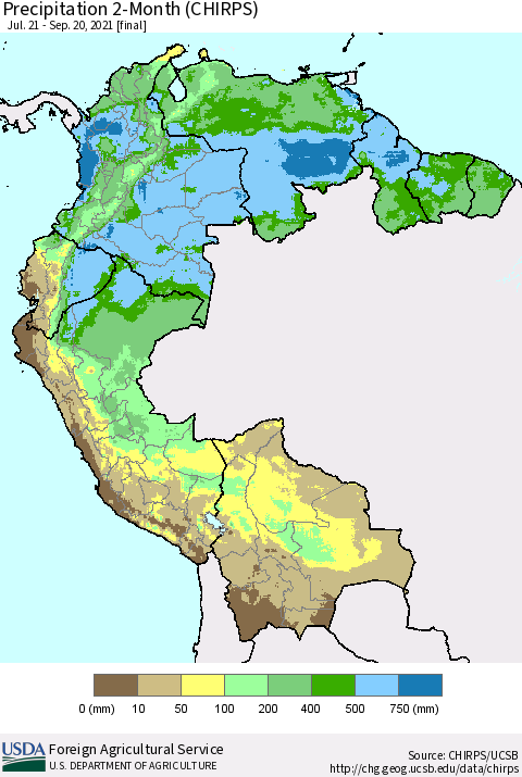 Northern South America Precipitation 2-Month (CHIRPS) Thematic Map For 7/21/2021 - 9/20/2021