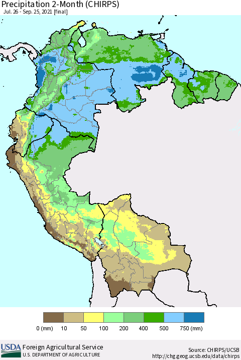 Northern South America Precipitation 2-Month (CHIRPS) Thematic Map For 7/26/2021 - 9/25/2021