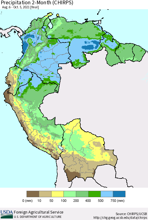 Northern South America Precipitation 2-Month (CHIRPS) Thematic Map For 8/6/2021 - 10/5/2021