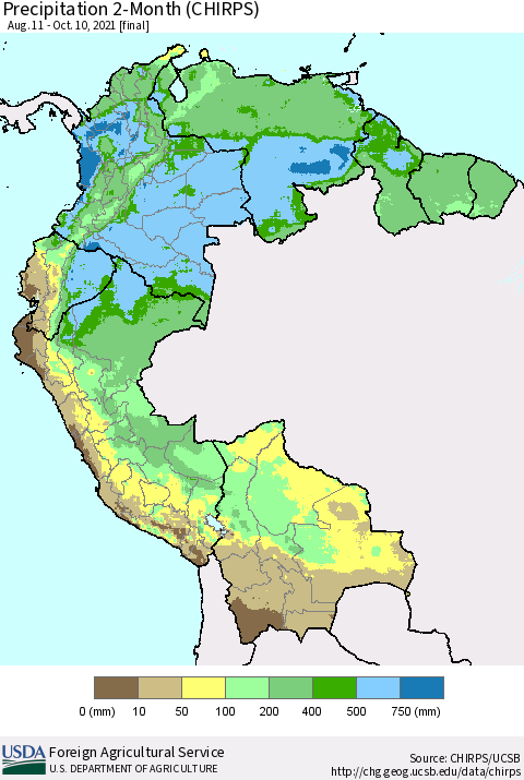 Northern South America Precipitation 2-Month (CHIRPS) Thematic Map For 8/11/2021 - 10/10/2021