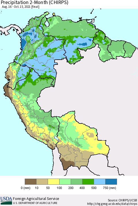 Northern South America Precipitation 2-Month (CHIRPS) Thematic Map For 8/16/2021 - 10/15/2021