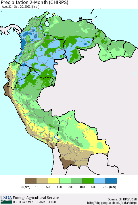 Northern South America Precipitation 2-Month (CHIRPS) Thematic Map For 8/21/2021 - 10/20/2021