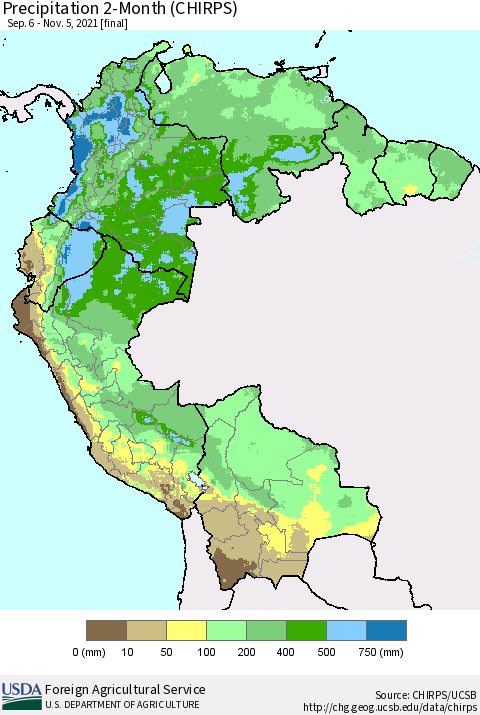 Northern South America Precipitation 2-Month (CHIRPS) Thematic Map For 9/6/2021 - 11/5/2021