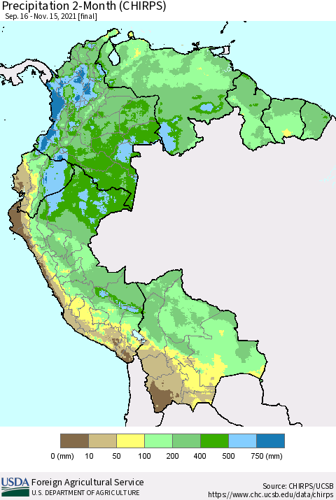 Northern South America Precipitation 2-Month (CHIRPS) Thematic Map For 9/16/2021 - 11/15/2021