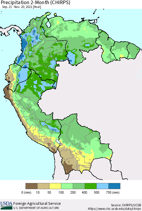 Northern South America Precipitation 2-Month (CHIRPS) Thematic Map For 9/21/2021 - 11/20/2021