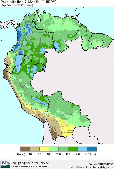 Northern South America Precipitation 2-Month (CHIRPS) Thematic Map For 9/26/2021 - 11/25/2021