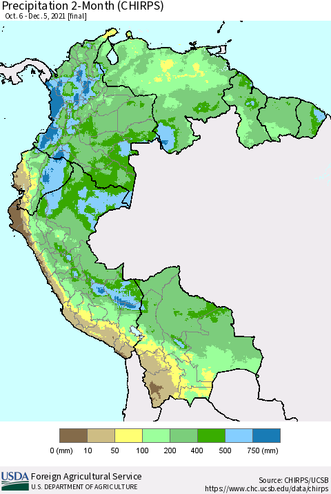 Northern South America Precipitation 2-Month (CHIRPS) Thematic Map For 10/6/2021 - 12/5/2021