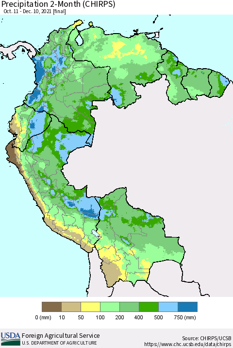 Northern South America Precipitation 2-Month (CHIRPS) Thematic Map For 10/11/2021 - 12/10/2021