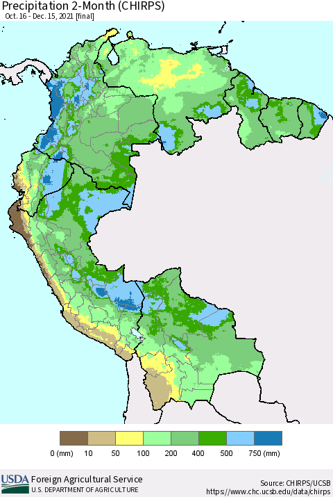 Northern South America Precipitation 2-Month (CHIRPS) Thematic Map For 10/16/2021 - 12/15/2021