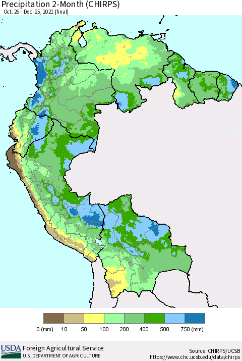 Northern South America Precipitation 2-Month (CHIRPS) Thematic Map For 10/26/2021 - 12/25/2021