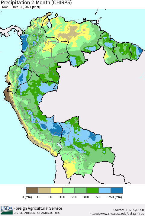 Northern South America Precipitation 2-Month (CHIRPS) Thematic Map For 11/1/2021 - 12/31/2021