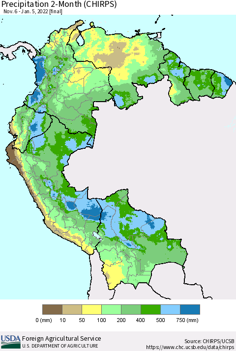 Northern South America Precipitation 2-Month (CHIRPS) Thematic Map For 11/6/2021 - 1/5/2022