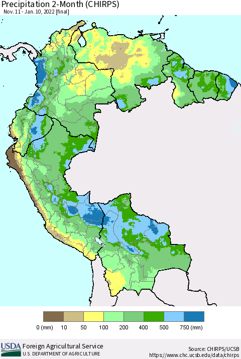 Northern South America Precipitation 2-Month (CHIRPS) Thematic Map For 11/11/2021 - 1/10/2022