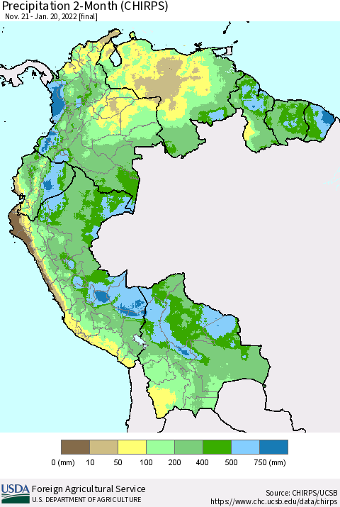 Northern South America Precipitation 2-Month (CHIRPS) Thematic Map For 11/21/2021 - 1/20/2022