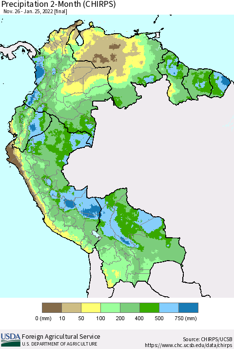 Northern South America Precipitation 2-Month (CHIRPS) Thematic Map For 11/26/2021 - 1/25/2022