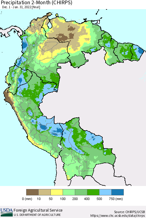 Northern South America Precipitation 2-Month (CHIRPS) Thematic Map For 12/1/2021 - 1/31/2022
