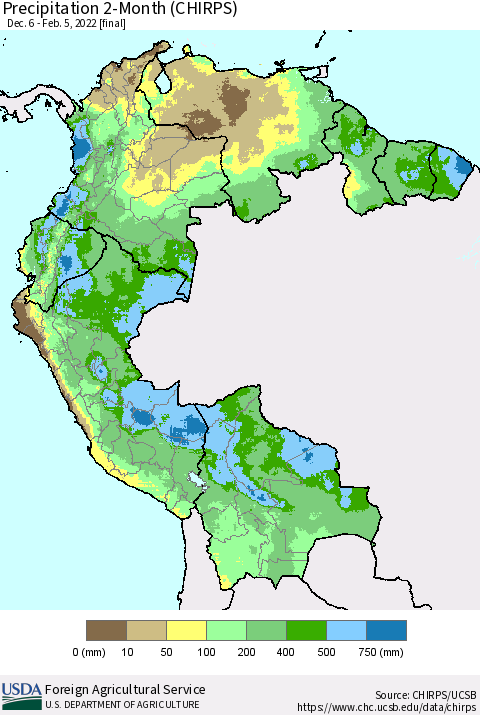 Northern South America Precipitation 2-Month (CHIRPS) Thematic Map For 12/6/2021 - 2/5/2022