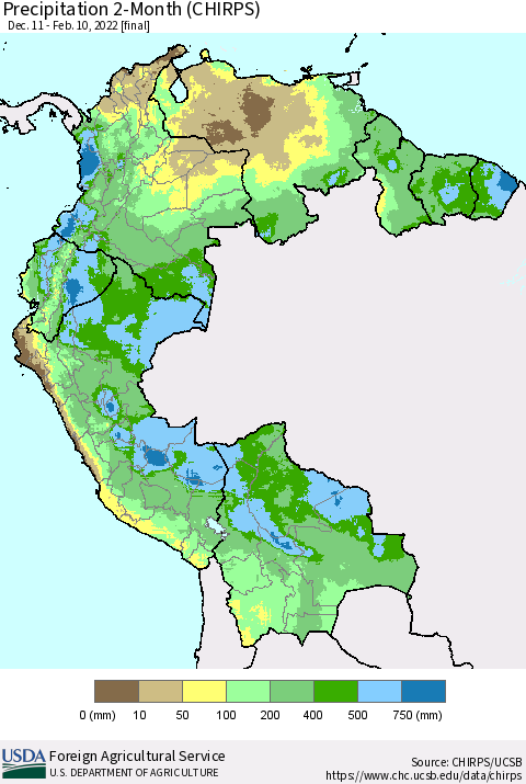 Northern South America Precipitation 2-Month (CHIRPS) Thematic Map For 12/11/2021 - 2/10/2022