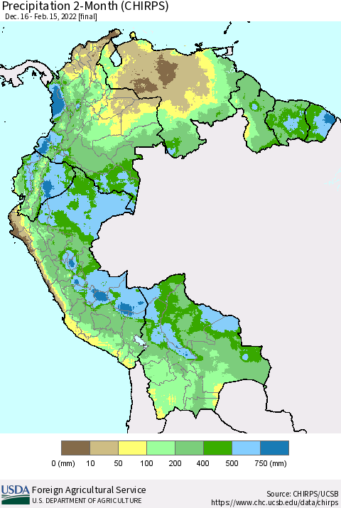 Northern South America Precipitation 2-Month (CHIRPS) Thematic Map For 12/16/2021 - 2/15/2022