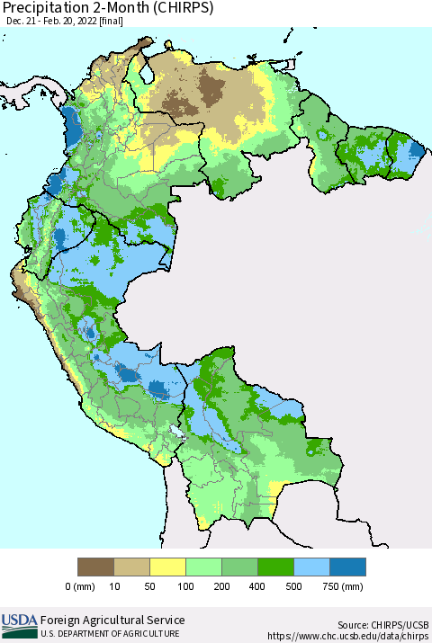 Northern South America Precipitation 2-Month (CHIRPS) Thematic Map For 12/21/2021 - 2/20/2022