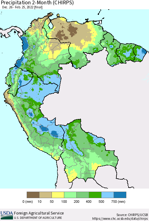 Northern South America Precipitation 2-Month (CHIRPS) Thematic Map For 12/26/2021 - 2/25/2022