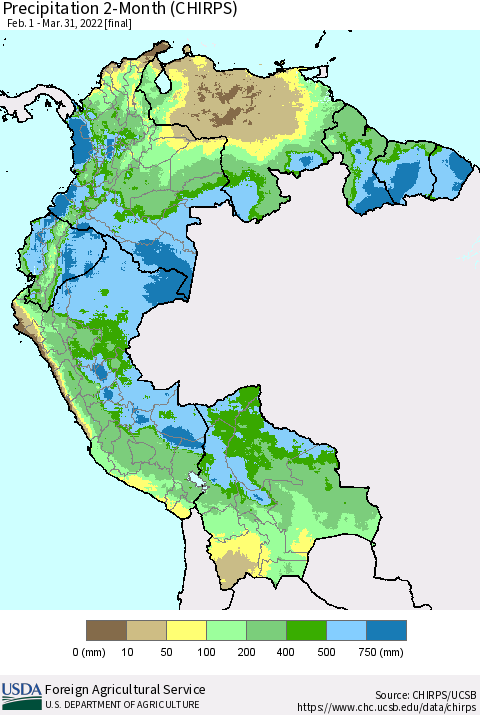 Northern South America Precipitation 2-Month (CHIRPS) Thematic Map For 2/1/2022 - 3/31/2022