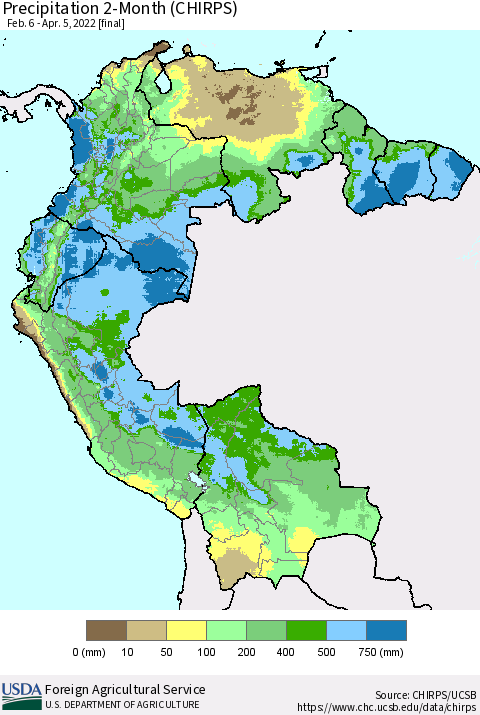 Northern South America Precipitation 2-Month (CHIRPS) Thematic Map For 2/6/2022 - 4/5/2022