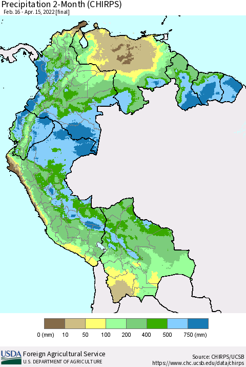 Northern South America Precipitation 2-Month (CHIRPS) Thematic Map For 2/16/2022 - 4/15/2022