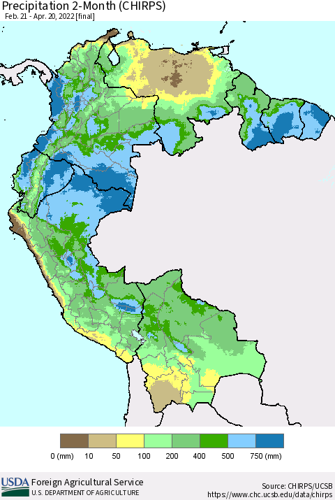 Northern South America Precipitation 2-Month (CHIRPS) Thematic Map For 2/21/2022 - 4/20/2022