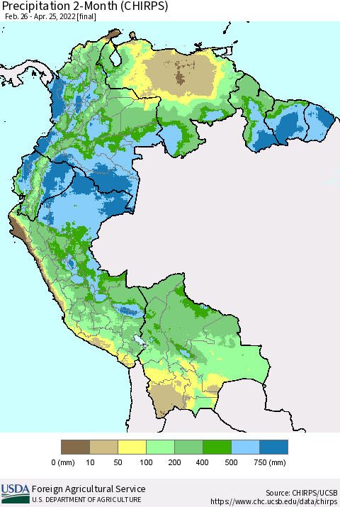 Northern South America Precipitation 2-Month (CHIRPS) Thematic Map For 2/26/2022 - 4/25/2022