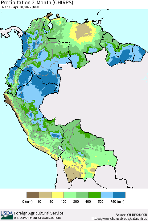 Northern South America Precipitation 2-Month (CHIRPS) Thematic Map For 3/1/2022 - 4/30/2022