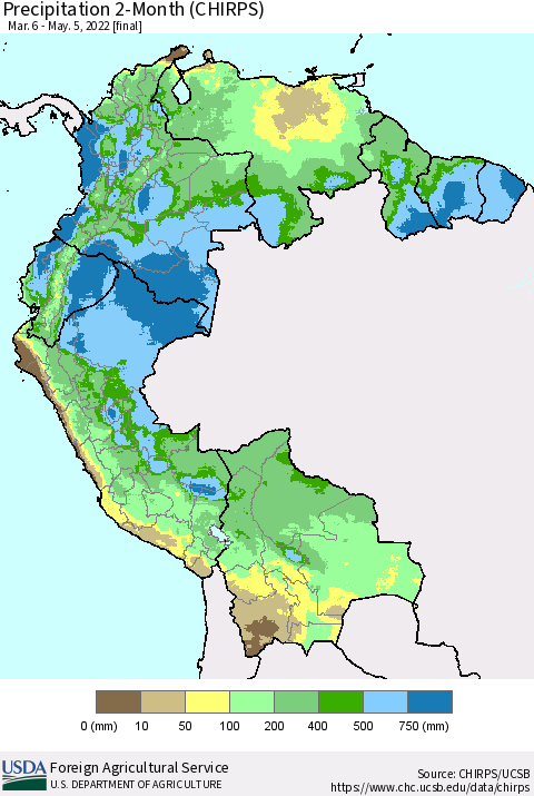 Northern South America Precipitation 2-Month (CHIRPS) Thematic Map For 3/6/2022 - 5/5/2022